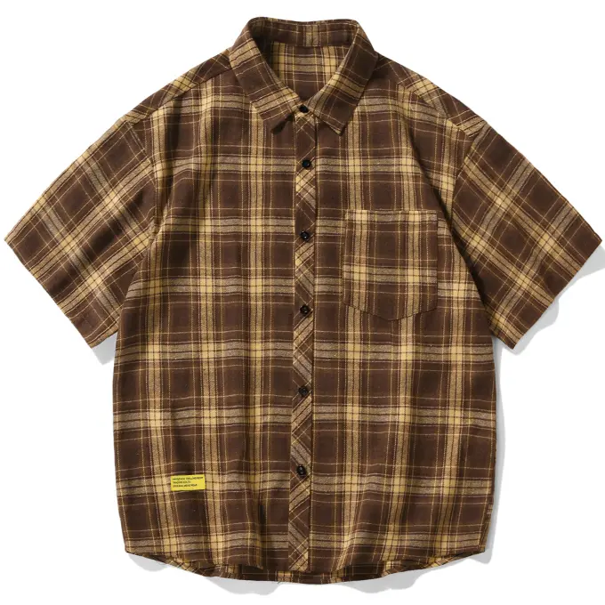 Summer trendy retro plaid casual men's short-sleeve shirt, American-style brushed plaid turn-down collar casual men's short-sleeve shirt, Japanese-style relaxed breathable plaid short-sleeve cardigan for commuting#SummerWins
