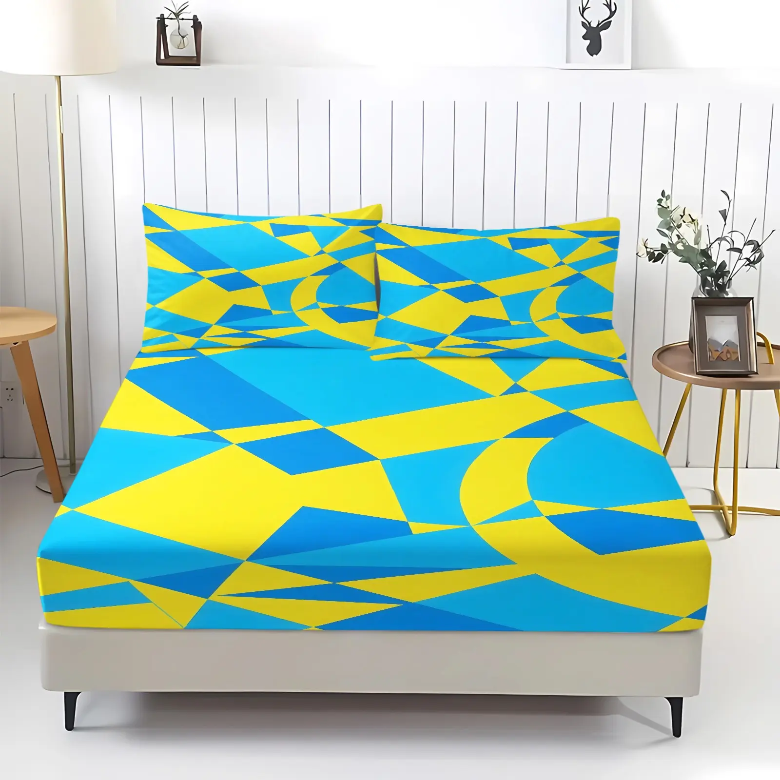 Bright Cyan & Yellow Abstract Triangle Geometric Fitted Sheet Set, Bed sheet set, HD Digital Deep Pocket Bedding, Includes 2 Pillowcases - without Core, All-around Elastic, Soft Breathable & Machine Washable Modern Minimalist Bedroom Decor