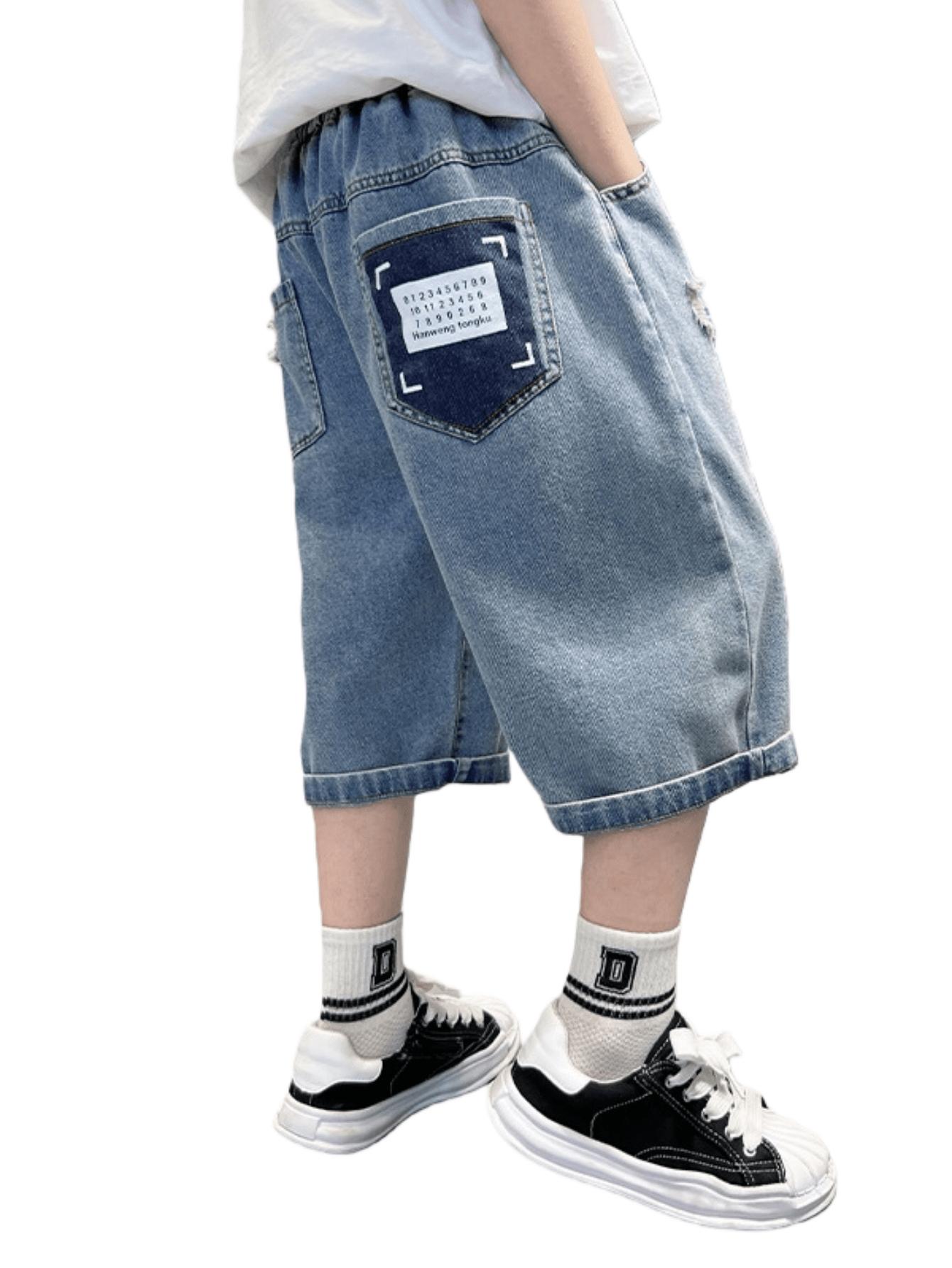(New)Boys' Faux Denim Pants, a Valentine'S Day Gift, Enhance Body Shape, Featuring Letter Patterns, Comfortable And Stylish Cropped Pants, Perfect for Summer, Versatile for Casual And Sporty Looks, Suitable for Various Styles