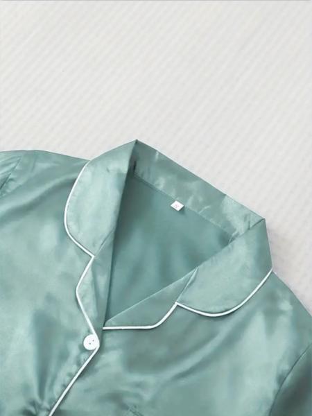 Women's Solid Contrast Binding Bow Decor Pajama Set, Short Sleeve Button Front Lapel Shirt & Shorts Pj Set, Ladies Summer Sleepwear & Loungewear