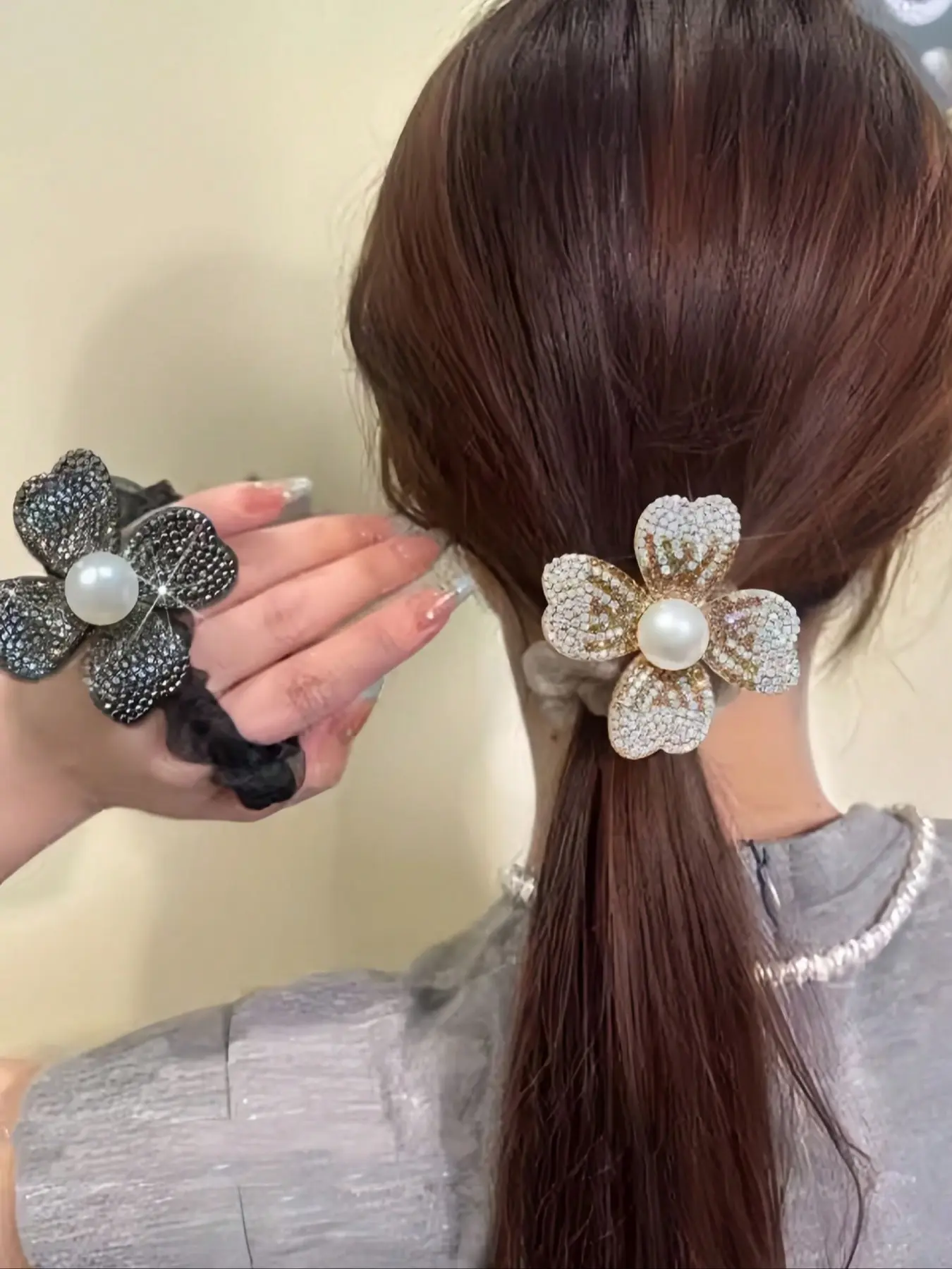 Elegant Pearl & Rhinestone Hair Scrunchies, Stylish Mesh Flower Petals Design, Durable Shiny Polyester Material, Perfect for All Occasions