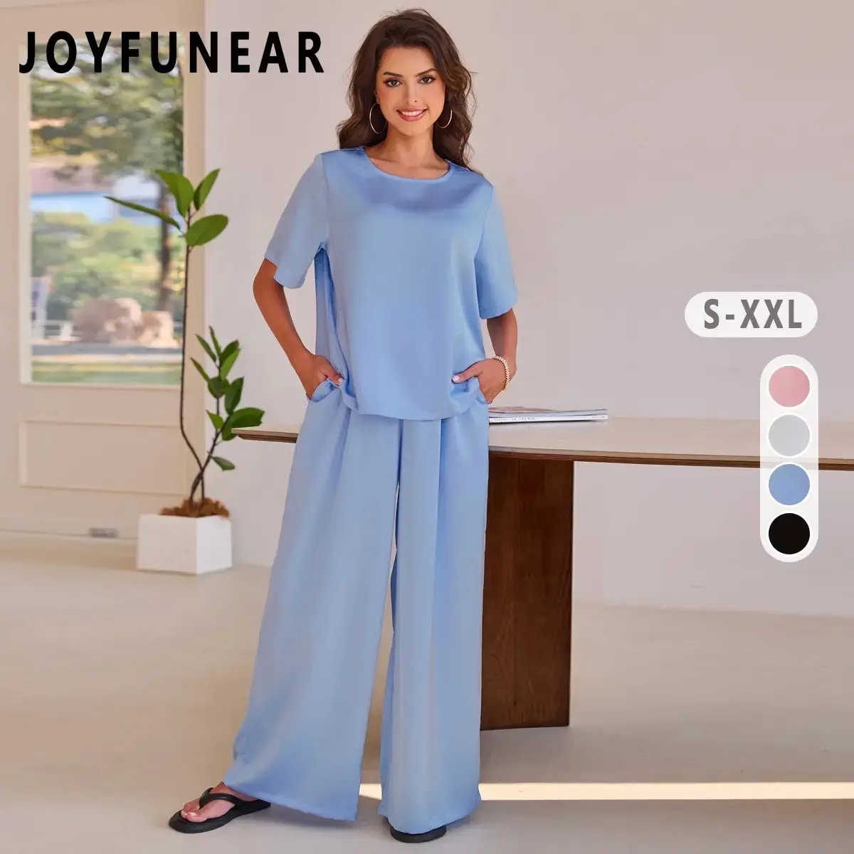 Joyfunear Women's round Neck 2 Piece Set Wide Leg Pants Set Short Sleeve satin Pullover Tops Wide Leg matching set