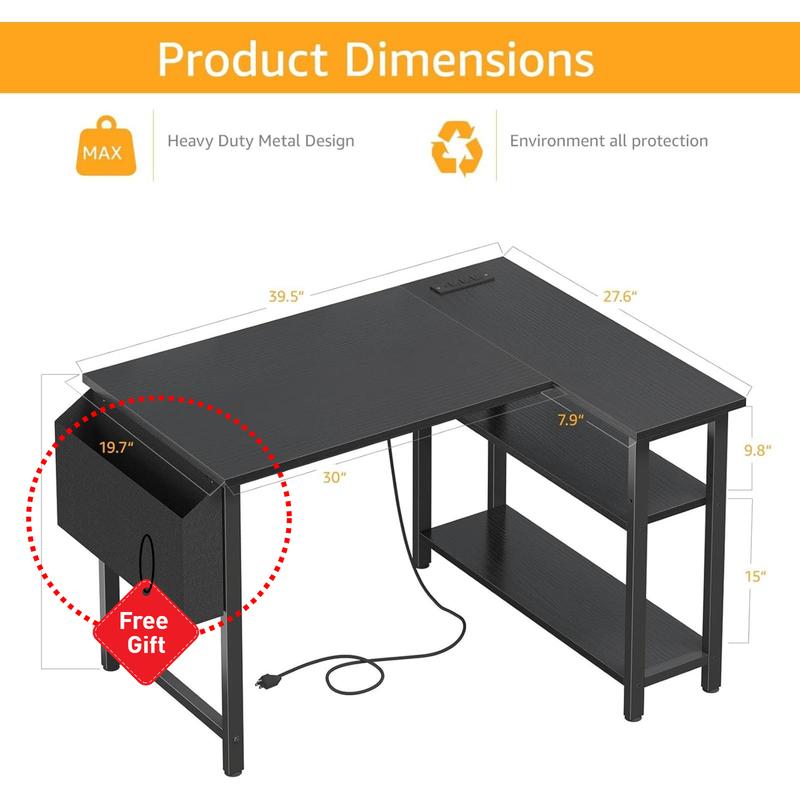 Black L Shaped Desk with Shelves Power Outlet, 40 Inch Small Corner Computer Gaming Desk for Small Space Home Office, Study Work PC Desks for Bedroom, Black, Get Free Gift