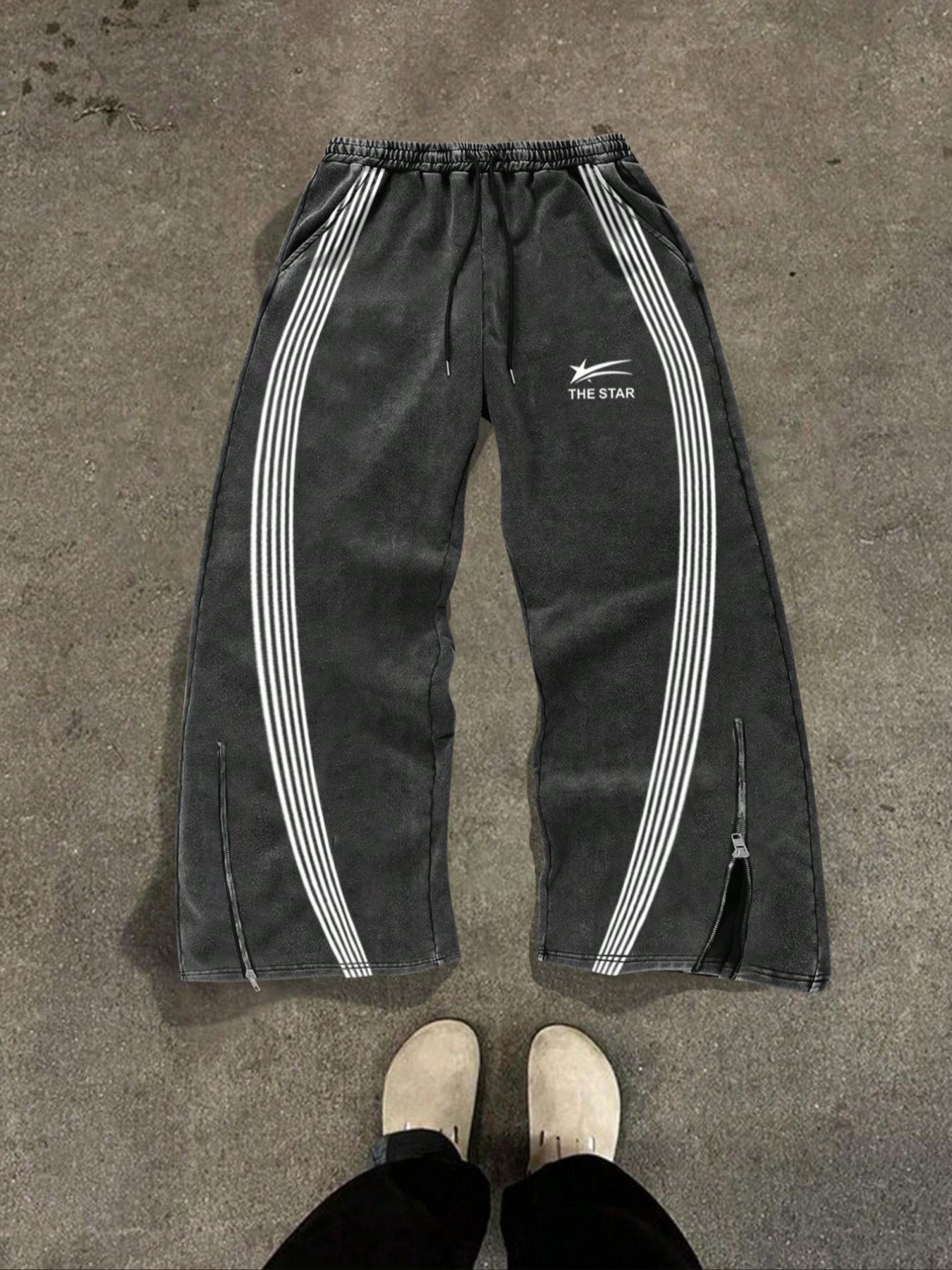 Men's Zipper Decorate Pants, Regular Fit Casual Striped Street Comfy Pants for Spring & Fall, Men's Casual Fashion Trousers for Daily Wear, Menswear