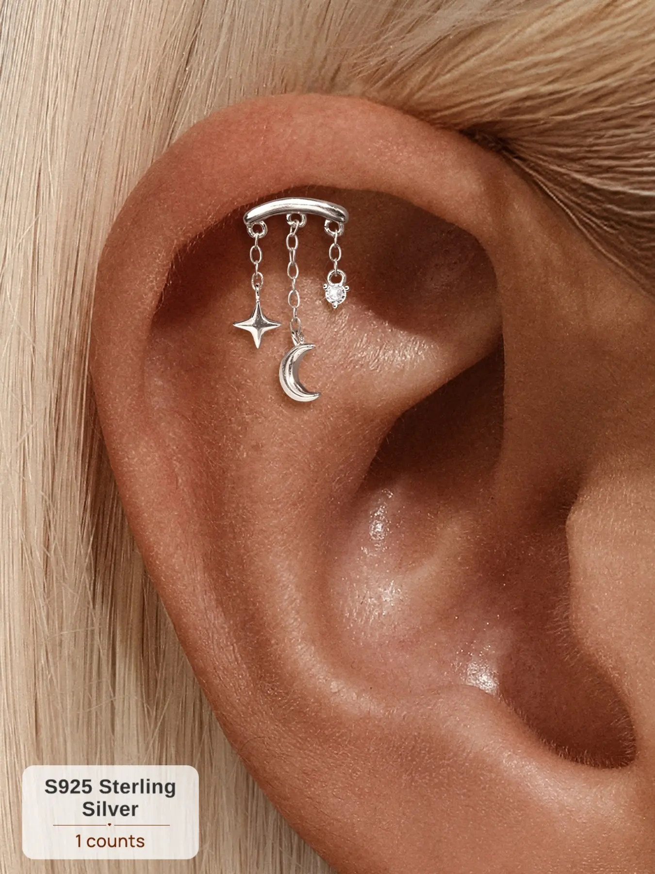 Single Piece S925 Sterling Silver Dreamy Celestial Star Moon CZ Dangle Chain Threaded Flat Back Cartilage Earring, Hypoallergenic for Sensitive Ears Helix Conch Tragus Piercing Luxury Ear Stack Jewelry Gift for Her Dangly Earrings