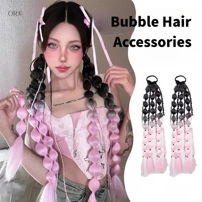 Black Pink Ombre Bubble Braids Hair Extensions, Pre-looped Braided Ponytail Hair Pieces