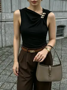 French Vintage Sleeveless Top, Asymmetrical Shoulder Design with Metal Buttons, High Stretch Comfortable Fabric, Elegant Office Wear