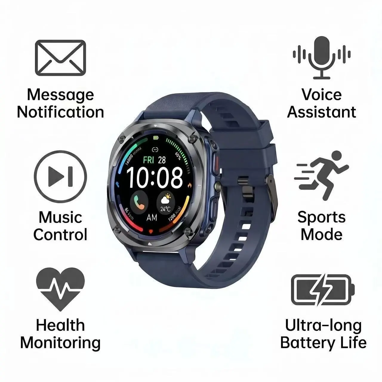Multilingual Smartwatch, Bluetooth-compatible Calling, Music Control, Photo Remote, Ipx8 Waterproof, Health Monitoring, Youth Unisex, Overseas Travel
