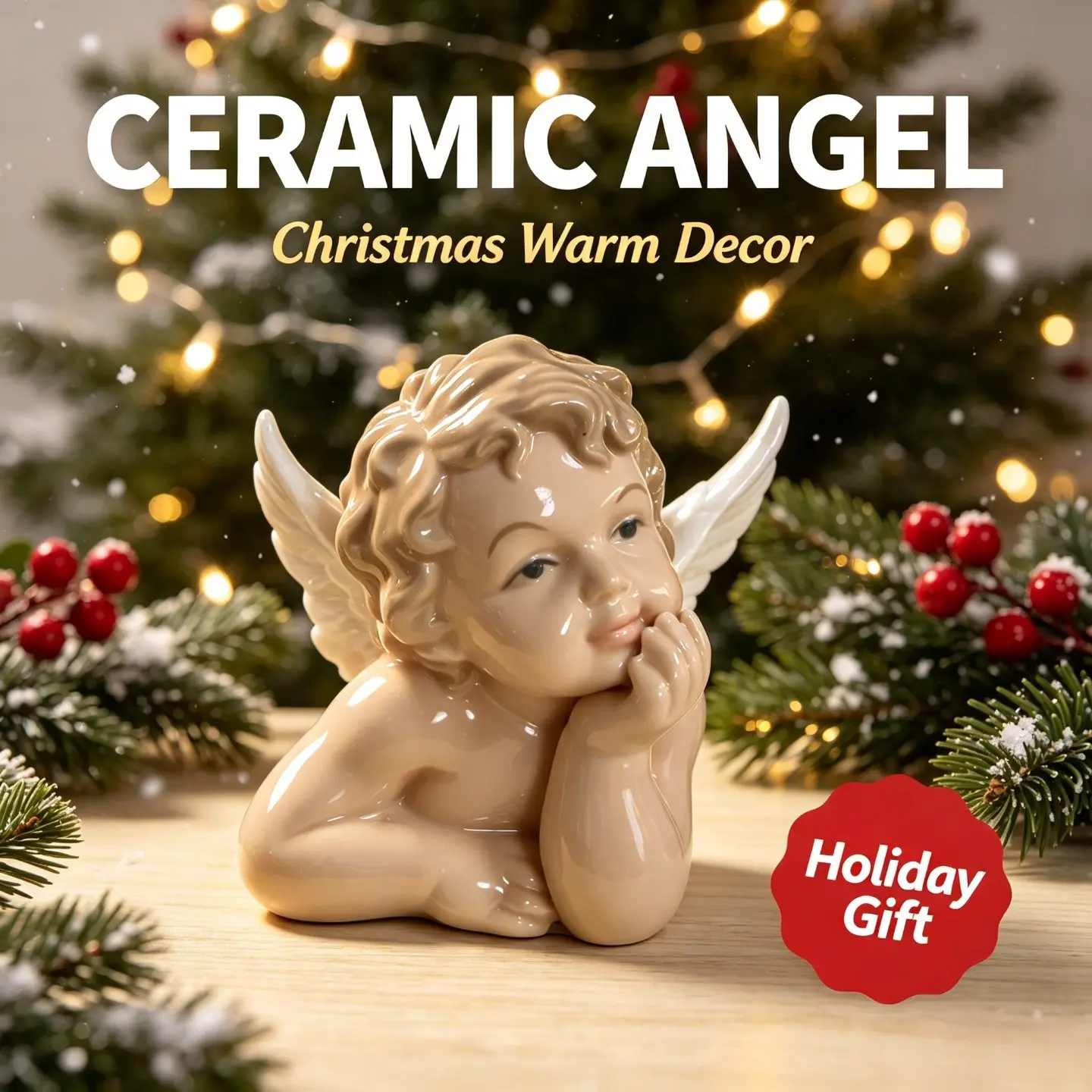 Dreamy Resting Ceramic Cherub Angel Figurine, Glossy Glazed Porcelain Angel Statue Ornament, Christmas Mantel Shelf Tabletop Home Decor, Cozy Winter Holiday Desktop Centerpiece, Perfect Xmas Gift, Thanksgiving New Year Housewarming Present, Aesthetic Vint