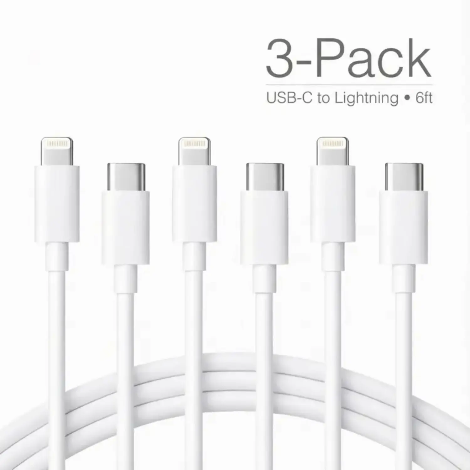 3-Pack 6ft USB-C to Lightning Fast Charging Cable for iPhone 14/13/12/11/XR/XS Max/8/7/6/5 iPad & AirPods
