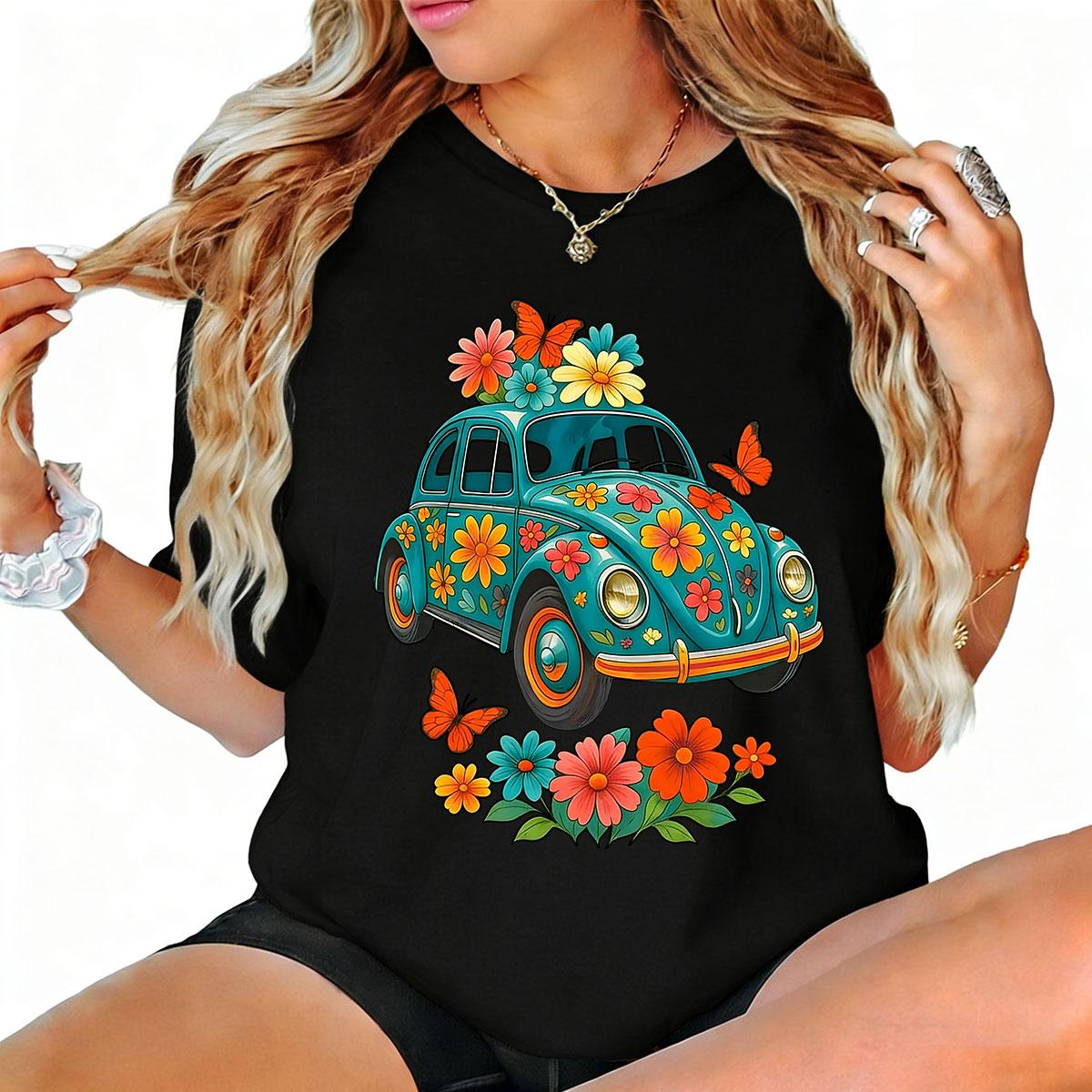 Vintage Turquoise Floral T-Shirt Casual Perfect For Daily And Party Wear Made In USA For Women For Men [ZinniaZip cotton t-shirt/sweatshirt/hoodie, soft and comfortable]