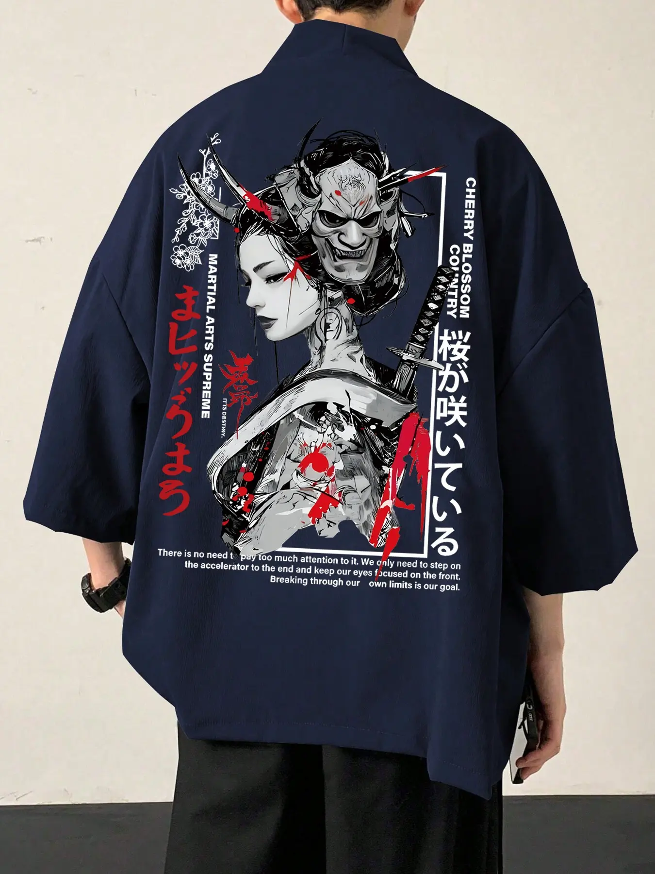 Men's Japanese Streetwear Open Front Cardigan - Oni Geisha Samurai Print, Loose Oversize 3/4 Sleeve Kimono Jacket, Harajuku Gothic Aesthetic, Casual Summer Beach Cover Up, Unisex Plus Size Streetwear Outerwear
