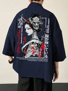 Men's Japanese Streetwear Open Front Cardigan - Oni Geisha Samurai Print, Loose 3/4 Sleeve Kimono Jacket, Harajuku Gothic Aesthetic, Casual Summer Beach Cover Up, Unisex Plus Size Streetwear Outerwear