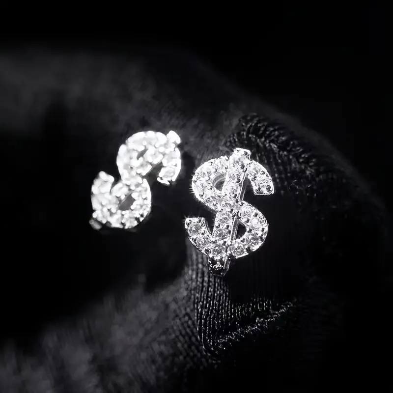 Stainless Steel Hip-hop Style Dollar Sign Earrings, Inlaid with Synthetic Cubic Zirconiaia Suitable for Both Men and Women, Perfect for Casual Wear and Couple Gifts.
