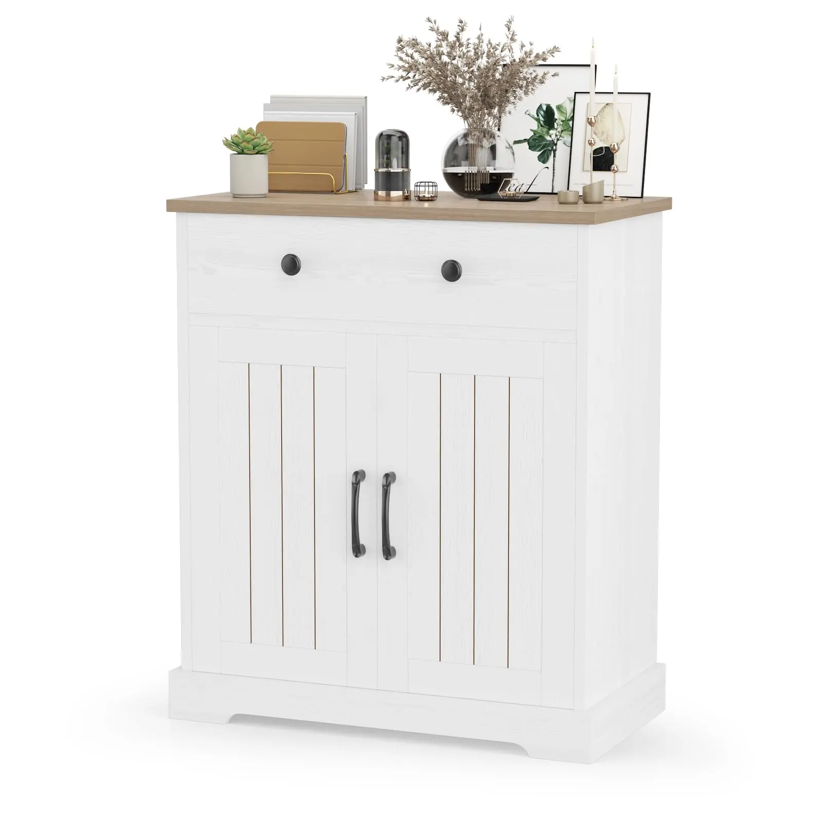 Small Storage Cabinet, Compact Wood Sideboard Buffet Cabinet with 2 Drawers & 2 Doors, Modern Minimalist Accent Furniture for Living Room, Kitchen, Dining Room