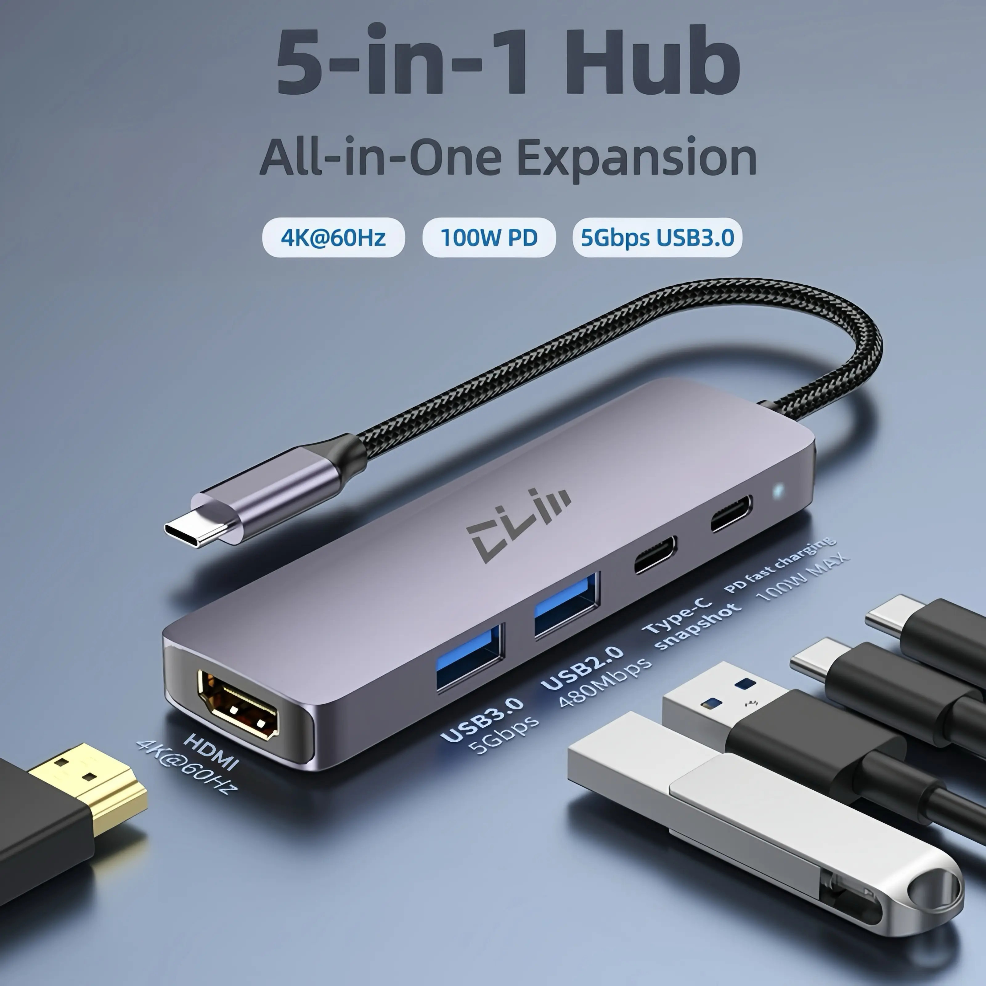5 in 1 USB C Hub Adapter, 4K HDMI, 100W PD Fast Charging, USB 3.0 Data Ports, Compact Multiport Docking Station for MacBook Pro/Air, iPad Pro, Laptop