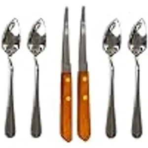 Four (4) Grapefruit Spoons and 2 Grapefruit Knives, Stainless Steel, Serrated Edges