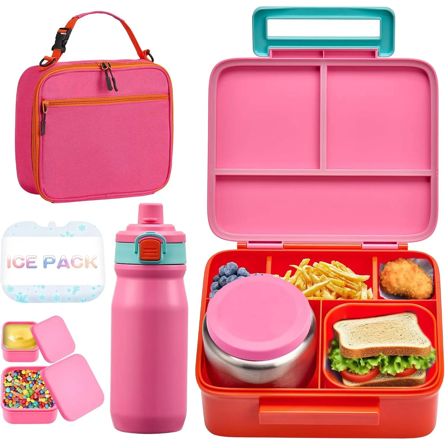 Bento Lunch Box for  with 8oz Soup Thermo, Leak-proof Lunch  Containers with 5 Compartment, Insulated Lunch Bag & 17oz Stainless Steel Water Bottle for School, Trvael