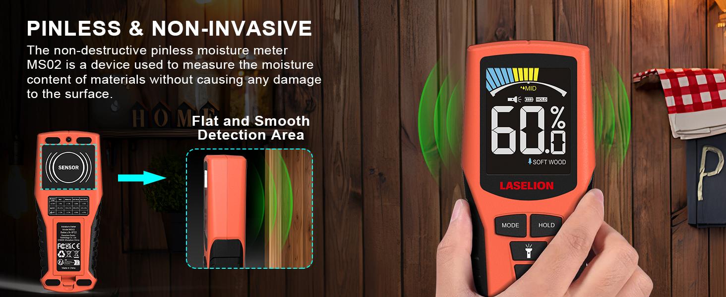 Pinless Moisture Meter MS02 Non-Destructive Wood Moisture Meter Detector with Large LCD Display, Batteries, 4 Modes for Wood, Firewood,Walls,Building Materials