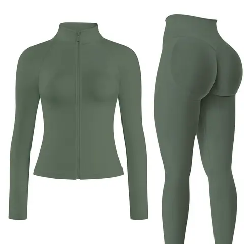 [Golden Zipper]Stand Collar Zip-Up Jacket+Legging Sets for Women 2 Piece, Going Out Sets Warm Long-Sleeve Stand Collar Zip-Up Jacket + Butt-Lifting Legging Sports Long Pants, With Gold Zipper, Windproof Quick-Dry Sexy Yoga Outfit, Sporty Suit