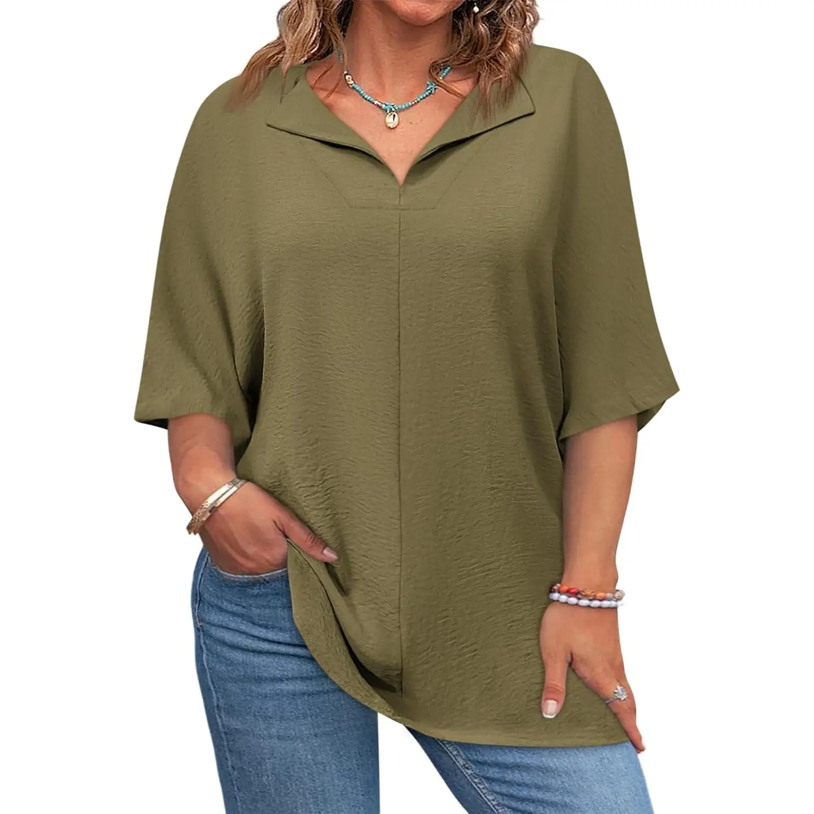 Yousify Women's Plus Size Tunic Top, Casual V-Neck Half Sleeve Summer Fashion Blouse, Loose Fit XL-5XL, 2Xl, 3Xl, Hand Wash Only, Holiday, Plain, Normal Type, Comfy Casual, Modest Fashion, Style Inspo, Going Out, Chic Curves, Relaxed Fit, Polyester