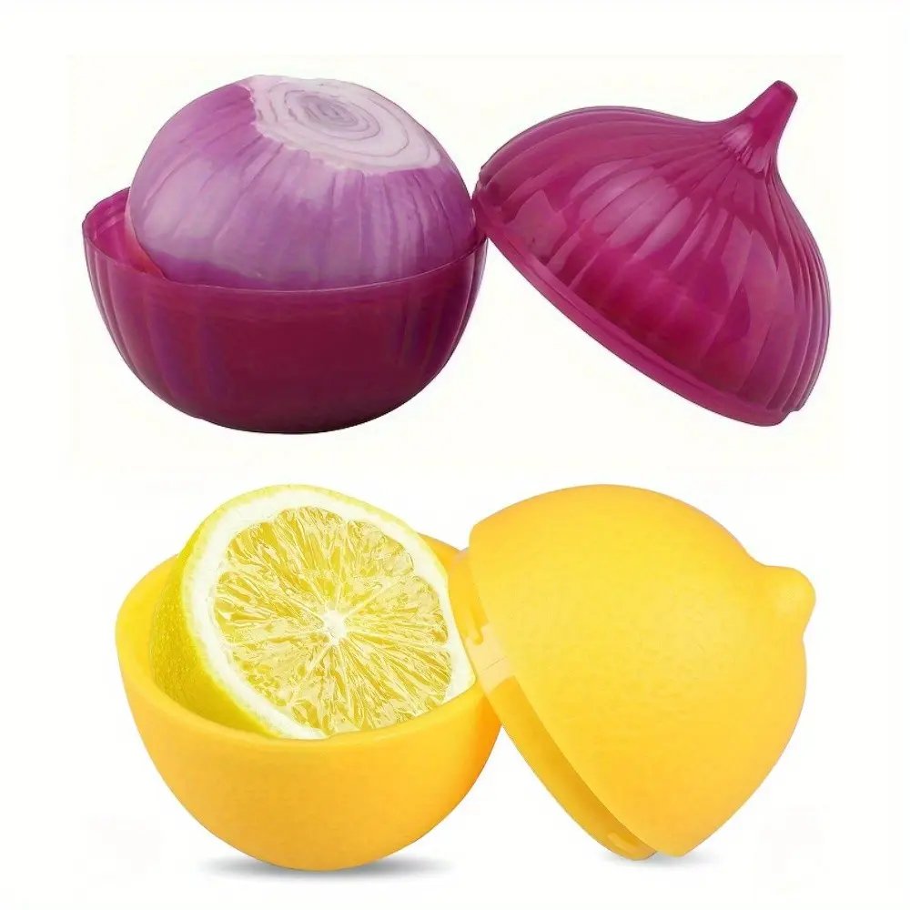 2-Piece Set Lemon & Onion Food Savers, Multipurpose Plastic Storage Containers, Freezer Safe, Flip Top, Hand Wash, Fruit & Vegetable Shaped