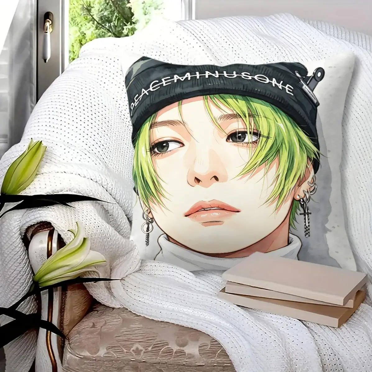 45x45cm 1Pcs Korean Manhwa Style Trendy Handsome Boy Pillow, Machine Washable, Trendy Print, Soft Plush Insert, Decorative Accent for Sofa and Bedroom (With Insert)