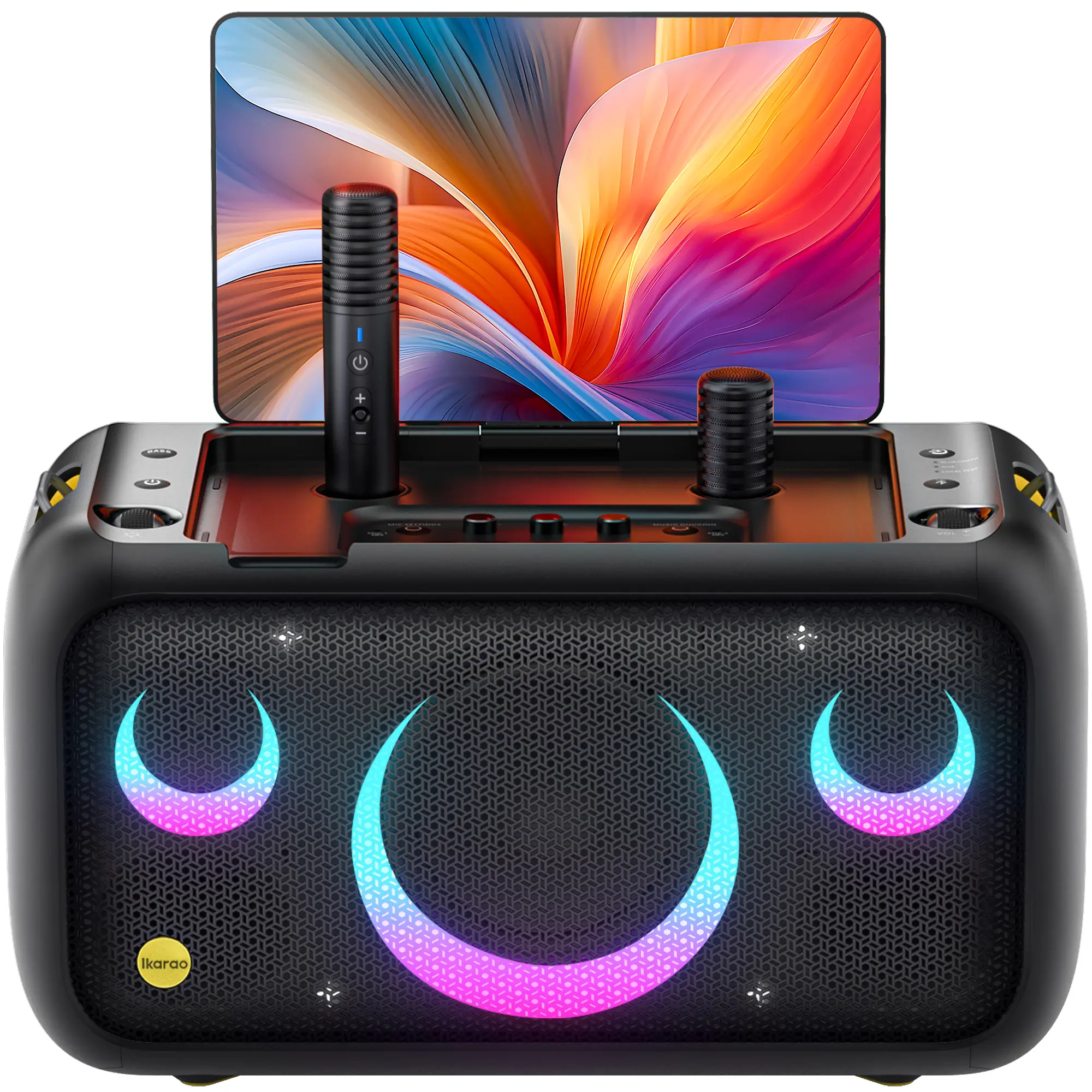 Ikarao Break X1 All-in-1 Karaoke Device - 460W Bluetooth Portable Compact Speaker, 13.3" Built-in Lyrics Display Screen, 2 Hidden Self-Charging Wireless Microphones for Adult Parties, TV Audio Compatibility
