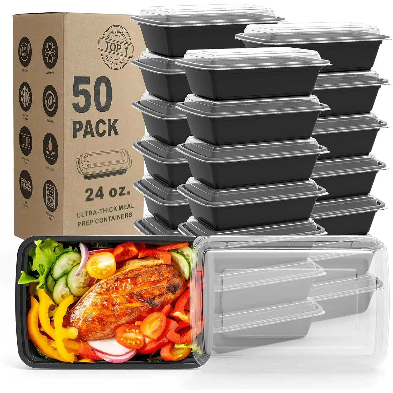 Meal Prep Containers, 50 Pack Extra-thick  Storage Containers with , Disposable &  Plastic Bento Lunch Box, , Stackable, Microwave/Dishwasher/Freezer Safe (24 oz), 24Oz, Airtight Lid, Stackable Storage Bins, Refrigerator-Safe