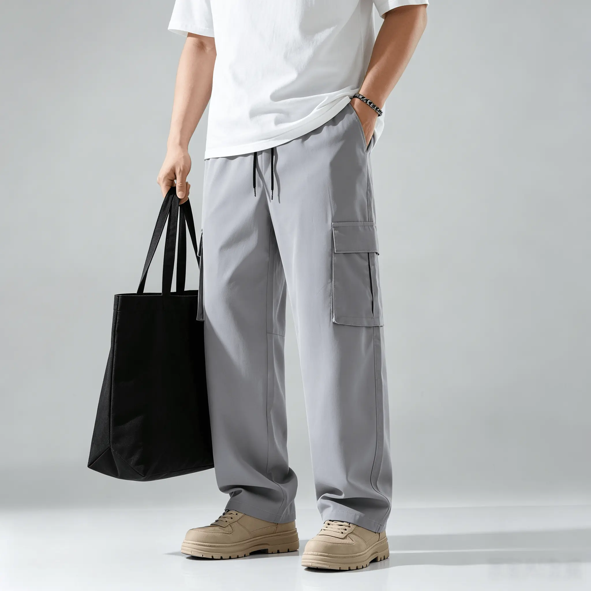 Menswear All Purpose Cargo Pants, Plain Loose-Fit Straight Leg Style, Breathable Lightweight Adjustable Trousers with Elastic Waist, All Purpose Men's Pants
