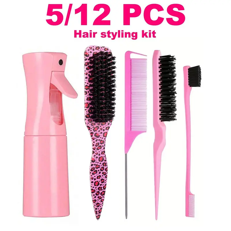 5/12Pcs Hair Styling Kit, Hairdressing Kit, Hair Brush & Comb Set with Fine Mist Spray Bottle, Edge Brush, Rat Tail Comb, Detangling Brush, Sectioning Clips & Bun Styling Tools, Hair Care Set for Sleek Buns, Smoothing, Detangling & Daily Styling