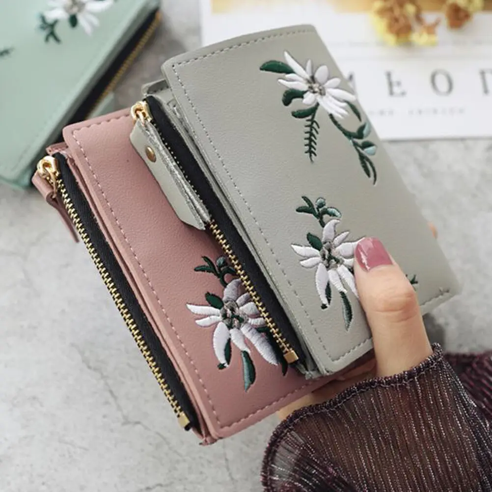 Small Wallet for Women Bifold Embroidery Flower Wallet Faux Leather With Zipper Coin Pocket Multi Card Slots & Clear ID/Photo Window Mini Purse Perfect for Everyday Use