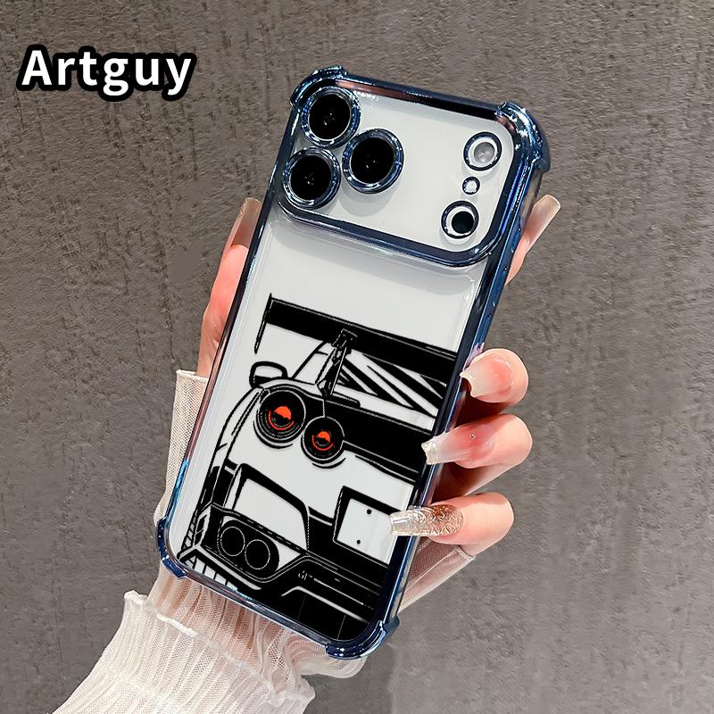 Four Corner Anti-Fall Racing Glow Pattern Phone Case for iPhone 17 Pro Max 16 Air 15 Plus 14 13 12 11 E Shockproof Transparent Electroplated Protective Cover