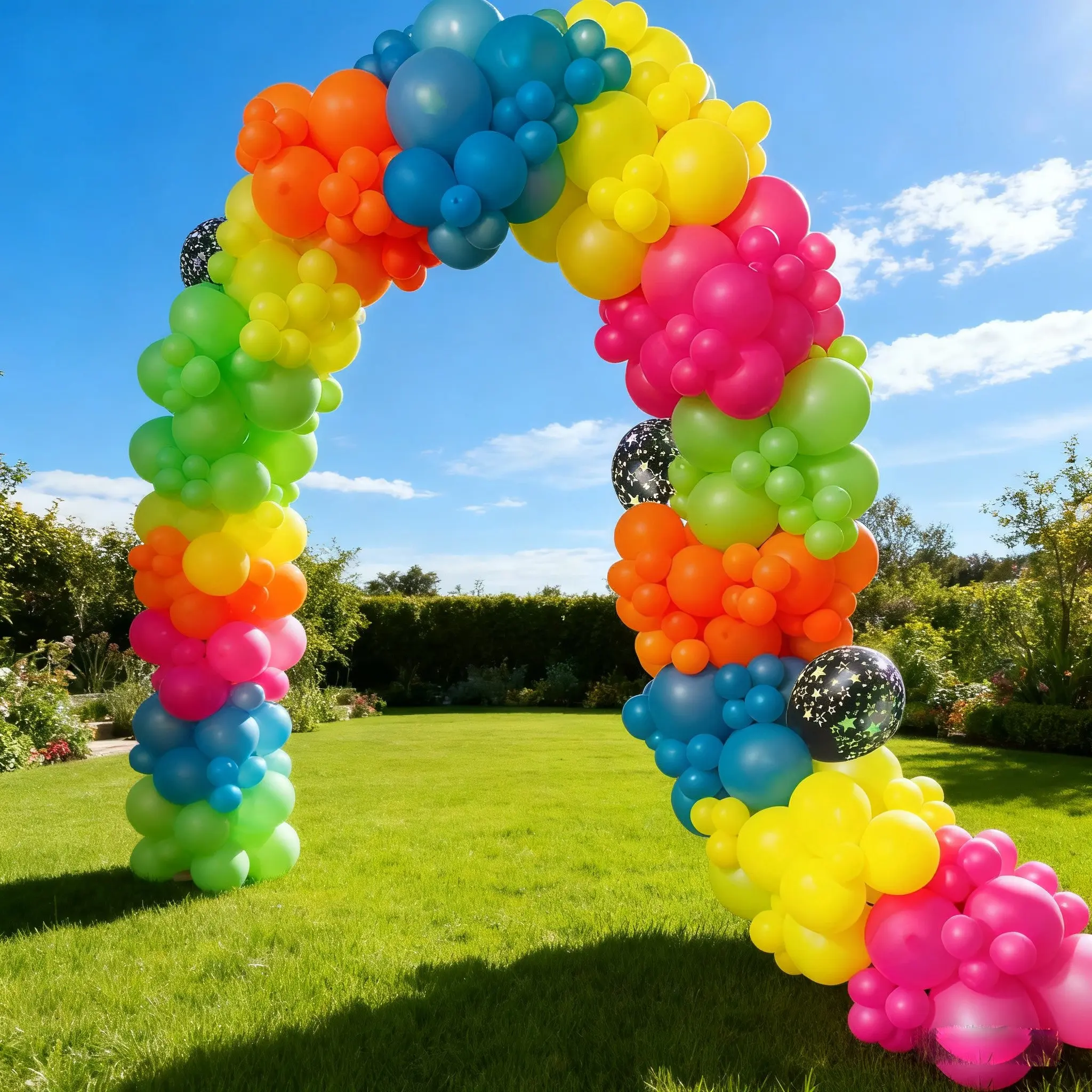 24 neon-themed balloons in colors of yellow, orange, hot pink, dark blue, purple, lemon green. These are used for neon star-shaped rainbow balloons and are suitable for neon-themed birthday parties, baby showers, summer pool tropical parties,