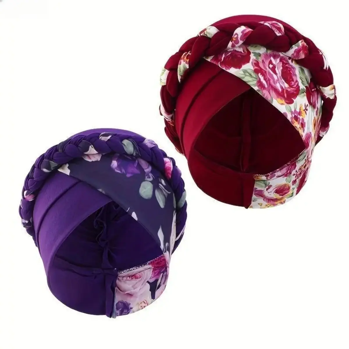 2PCS Boho Braided Head Scarf Hat for Women, Pre-Tied Cross Turban Hair Wrap, Printed Two-Tone Headwrap, Stretchy Comfortable Hair Cover for Daily Wear, Travel, Bad Hair Days, Chemo, Fashion Styling