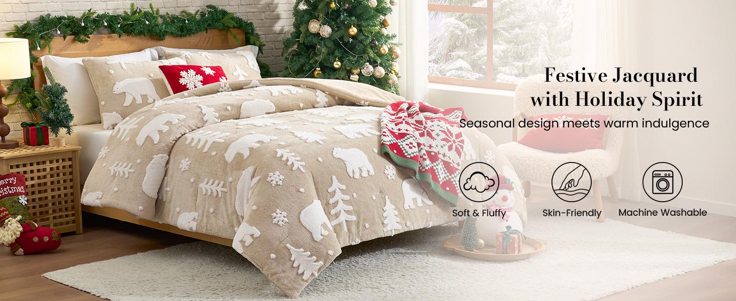 Christmas Comforter Set Queen, Christmas Bedding Set with Bear, Beige Fleece Plush Comforter for Winter, 3 Pieces, 1 Soft Comforter and 2 Pillowcases