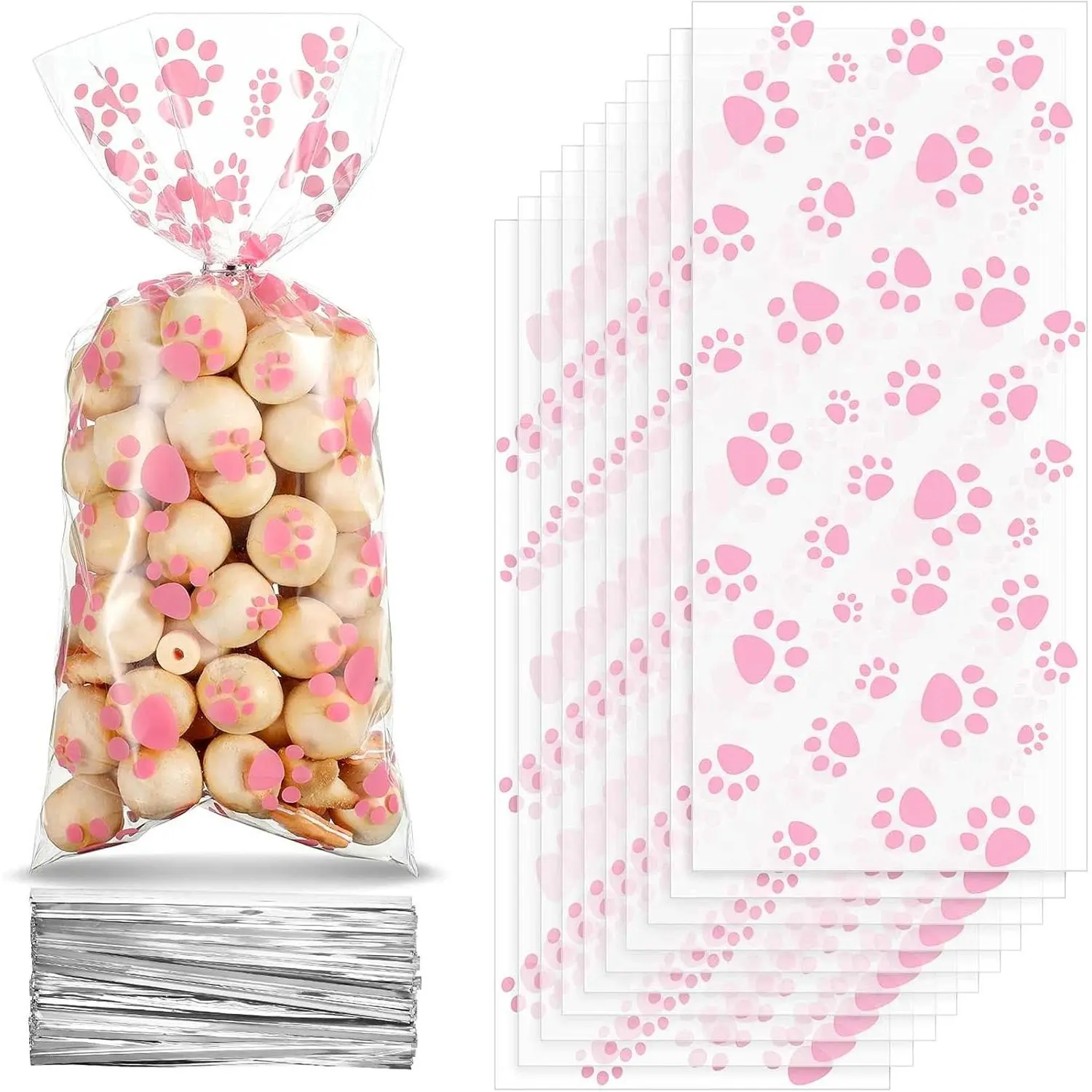 100 Pieces Dog Treat Bags Puppy Party Favor Pet Paw Cone Cellophane Bags Candy Heat Sealable Dog Paw Gift with 100 Pieces Silver Twist Ties for Pet Cat Treat Party Favor(Pink)