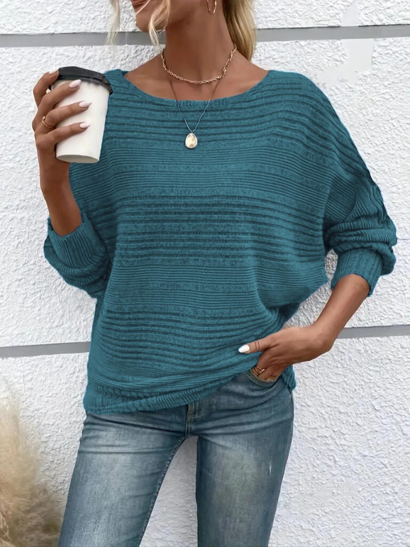 Women's Plain Batwing-Sleeve Tee, Casual Long-Sleeve Crew Neck T-Shirt for Fall & Winter, Fashion Ladies' Clothing for Daily Wear