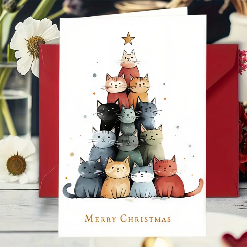 1-piece set of cute cat Christmas cards, featuring holiday cat and Christmas tree designs, blank interior pages, premium paper art, a holiday gift for cat lovers, suitable for friends and family, perfect for seasonal celebrations