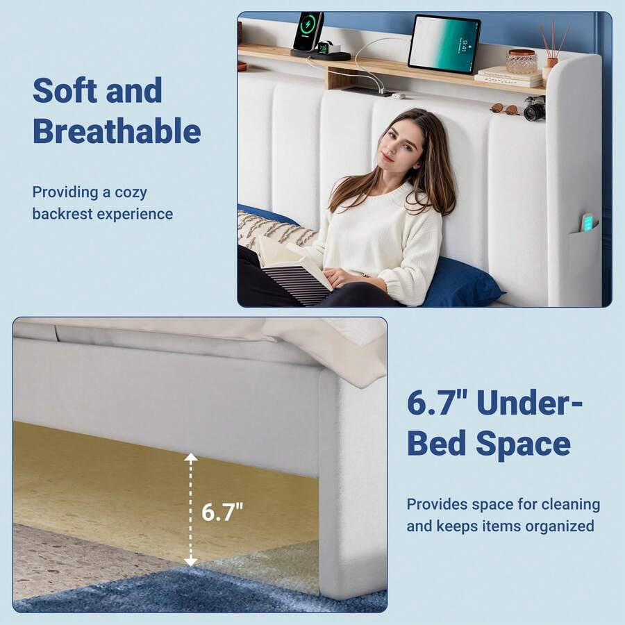 - Full/Queen/King Size LED Storage Bed Frame White, 2-Tier Upholstered Headboard, 2 Storage Drawers, USB & Type-C Charging Ports, Noise-Free, Easy to Use
