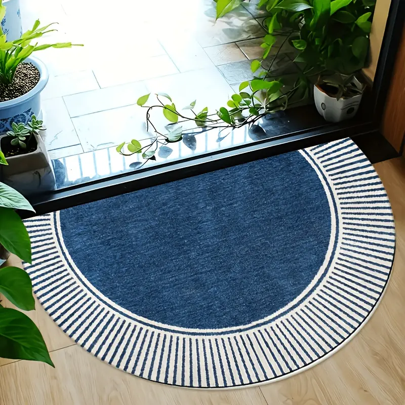1 piece, flat printed navy blue striped frame semi-circular suede soft doormat, Front door mat, non-slip back, machine washable indoor/outdoor floor mat, white striped dark blue center design, suitable for porch, living room