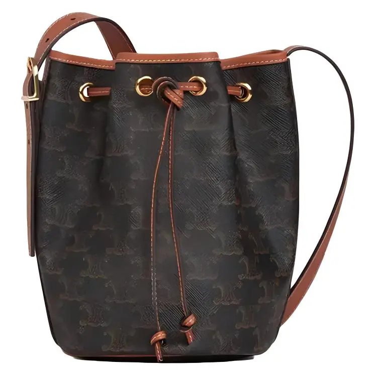 Celine Triomphe Classic Monogram Drawstring Bucket Bag for Women, Canvas and Calfskin, Tan