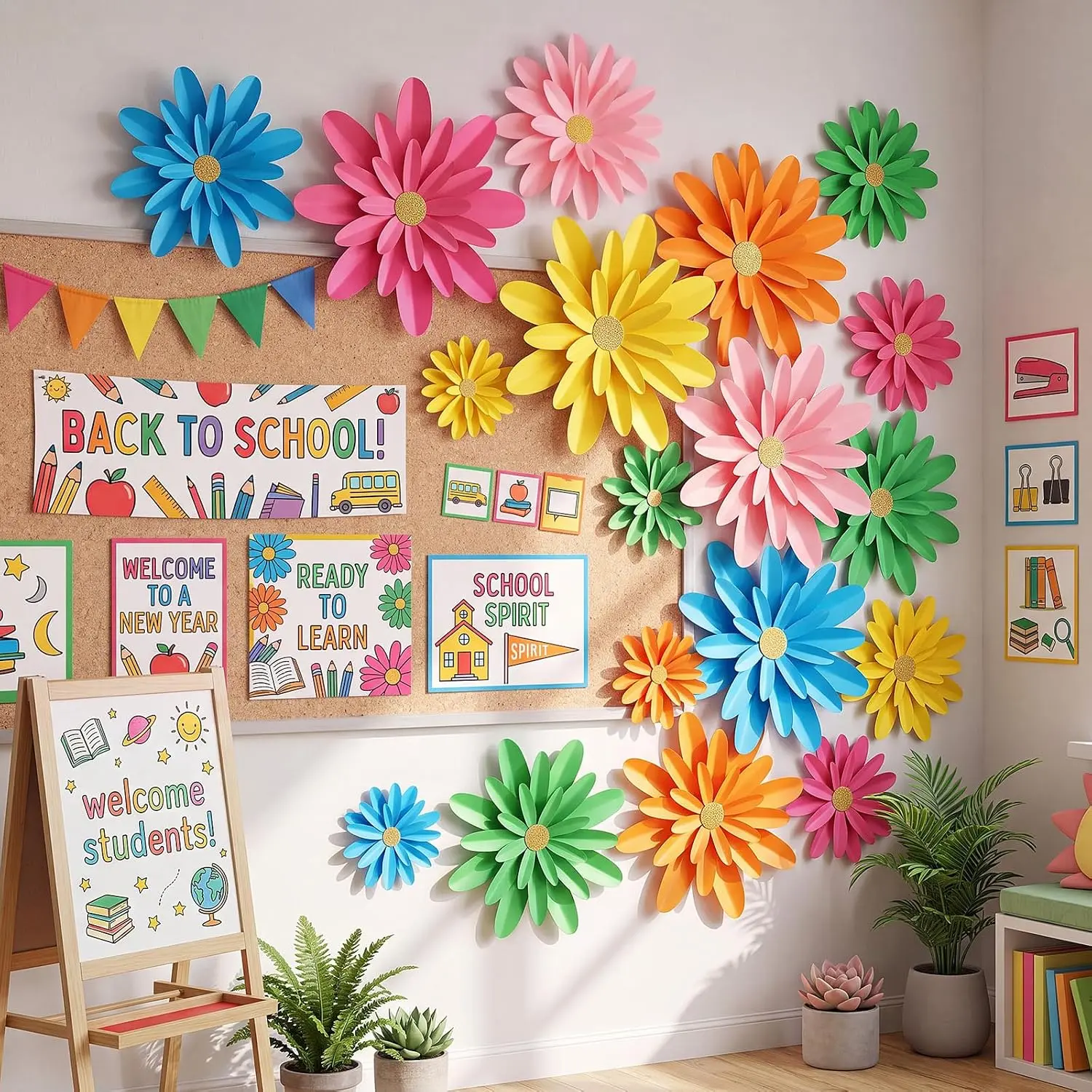 MotiMind 18 Pcs Paper Flowers Bulletin Board Decorations DIY 3D Paper Floral for Wall Classroom Back to School Birthday Party Flower Backdrop Decoration Photo Backdrop(Rainbow Color,6" 8" 10")