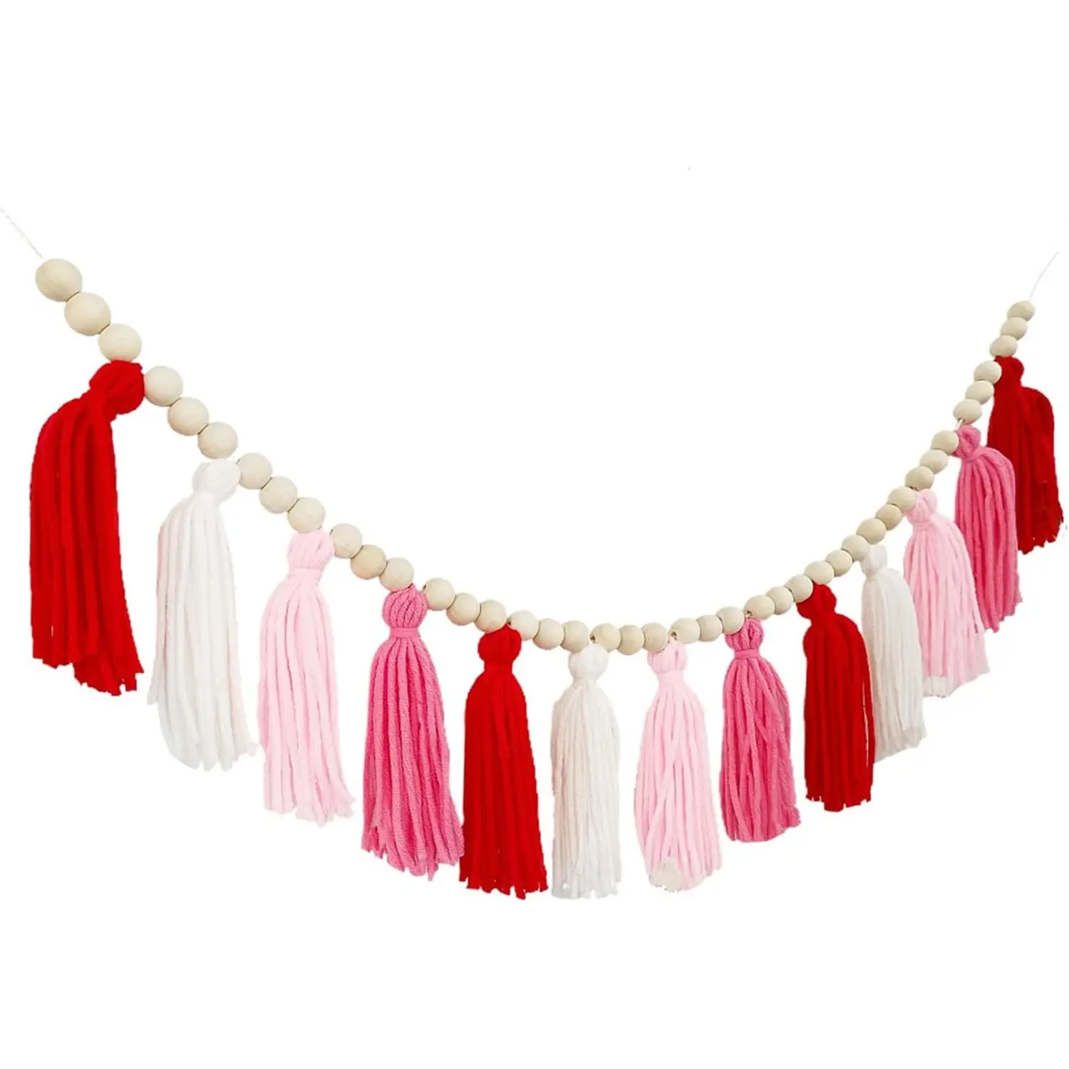 Boho Woolen Tassels Garland with  Beads  Red White Style Girls  Decor for  Room Bedroom