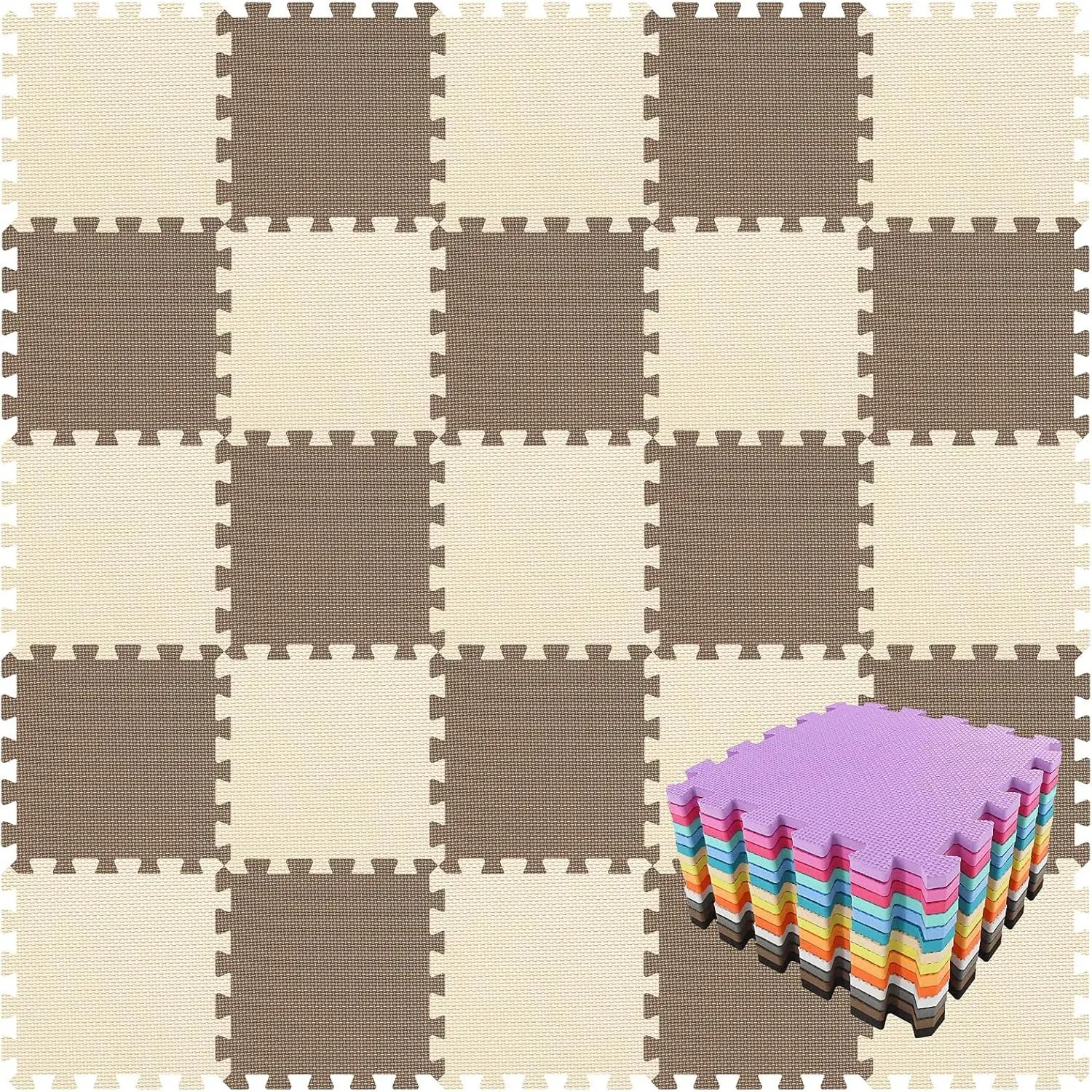 EVA Rubber 18 Tiles Interlocking Puzzle Foam Floor Mats - Baby Play Mat for Playing Exercise Mat for Home Workout, Brown, Beige QC-FJb18N