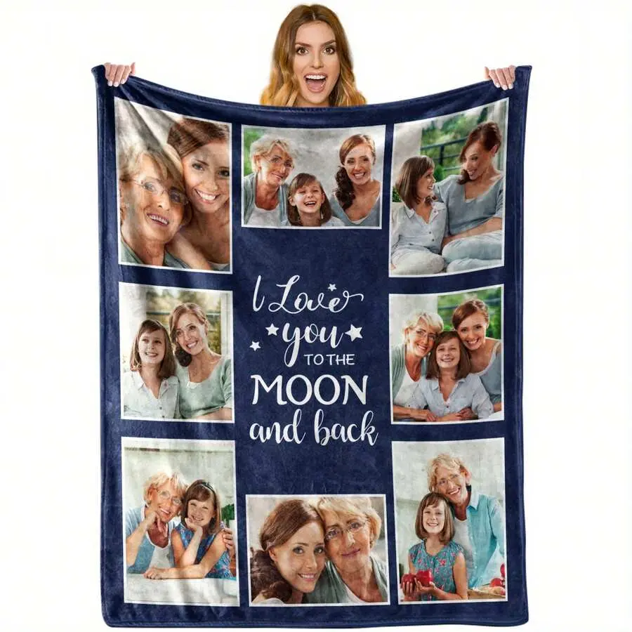 Custom Family Photo Flannel Blanket, 8 Picture Personalized To The Moon Soft Throw, Cozy Warm Sentimental Gift for Mom Grandma, Memory Home Decor for Couch Sofa Bed, AC Room Summer Blanket, Birthday Christmas Generational Keepsake Gift