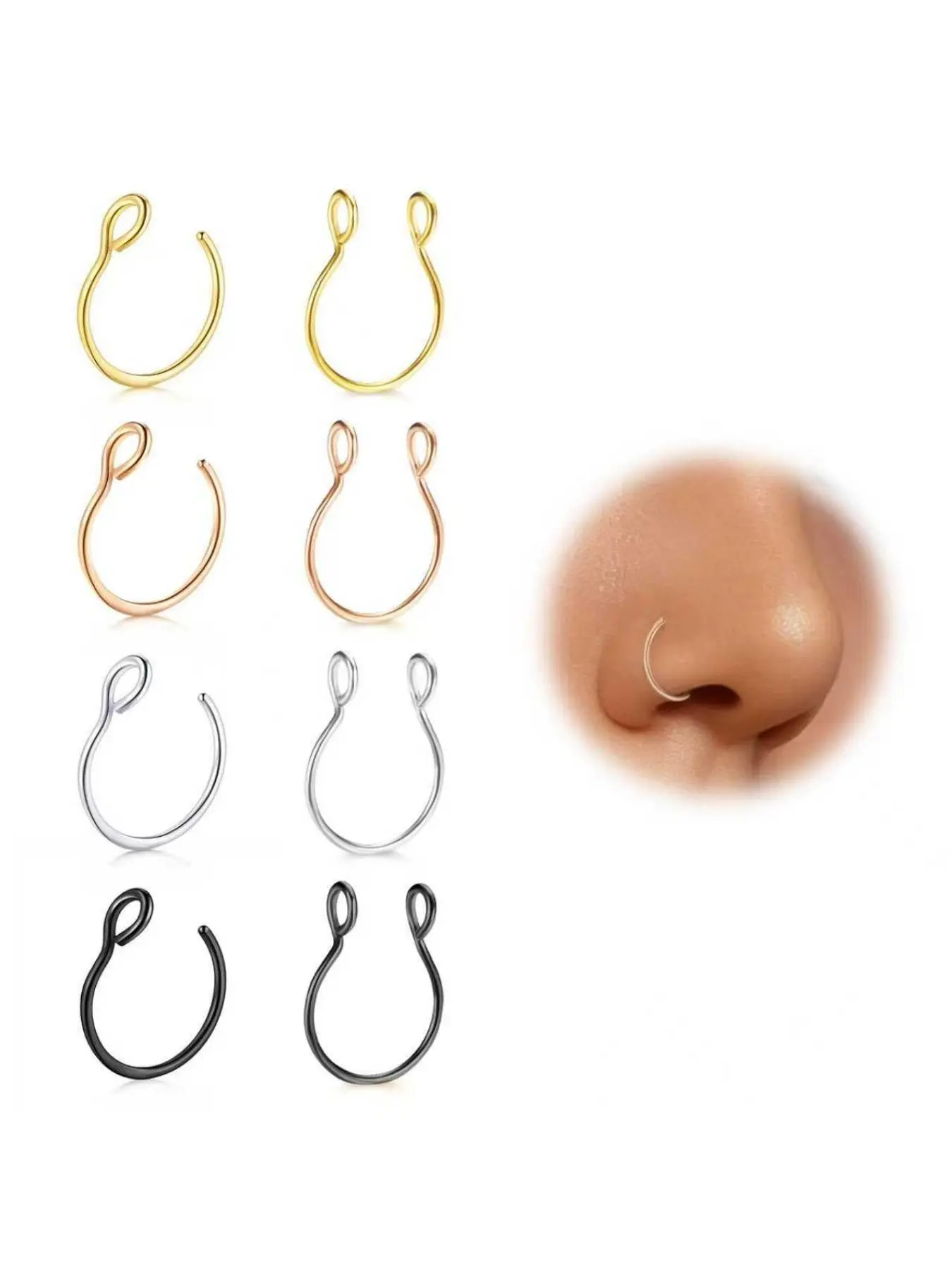 Fake Nose Rings 8PCS, Clip On Nose Ring No Piercing, Faux Septum Nose Rings for Beginners, Adjustable 20G, Black Gold Rose Gold Silver