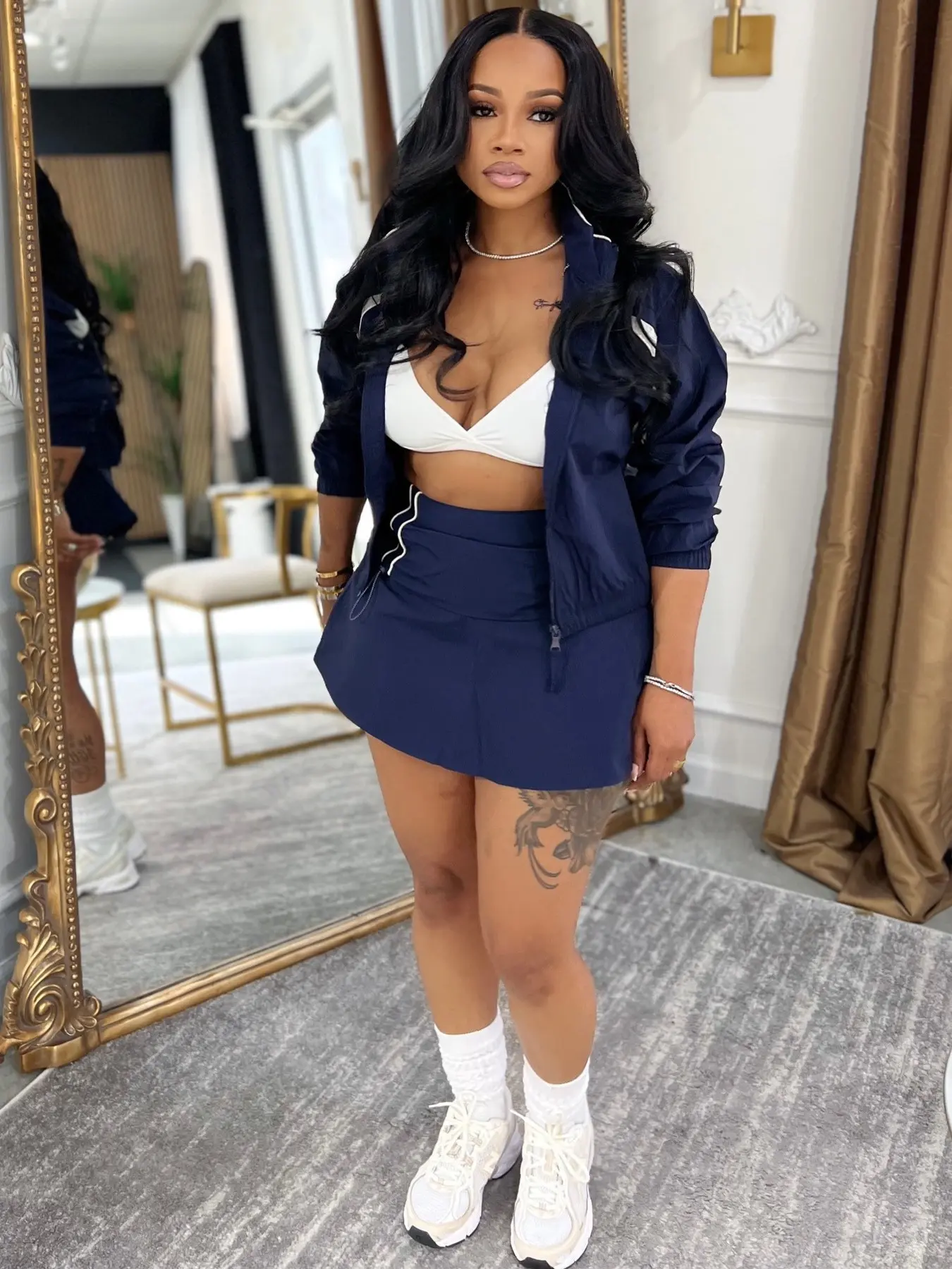 Women's Two-Piece Chic Casual Long Sleeve Zipper Collar Jacket Collar & Drawstring Skirt Set Clothes