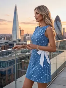 Women's Ocean Blue Polka Dot Denim Mini Dress, Sleeveless Round Neck, Side Bow, Casual Wear Summer Fashion, Trendy Ladies'