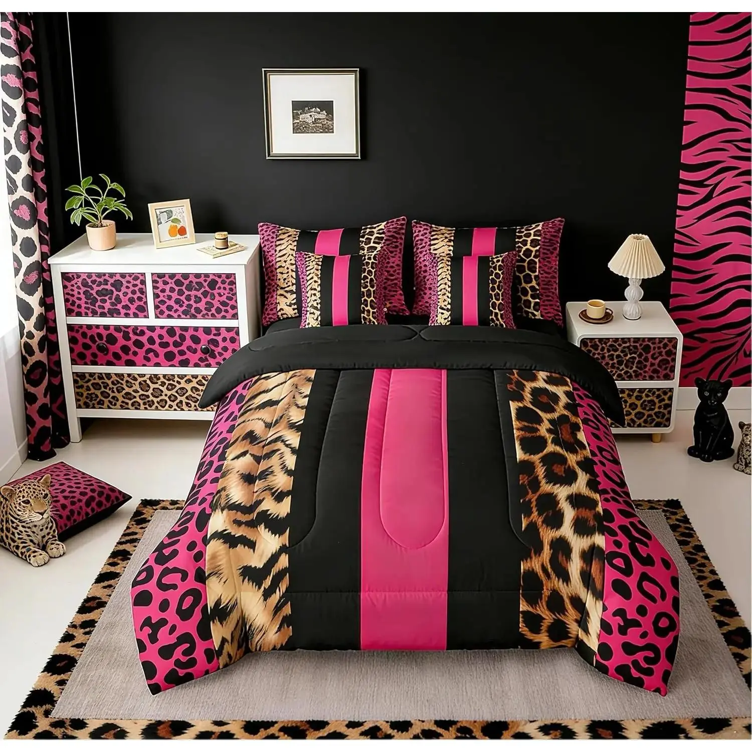 Leopard Fur Print 7 Piece Bedding Set for Boys Girls,Cheetah Comforter Animals Hot Pink Black Bedroom Decor Safari Comforter, Bed Comforter Set, Bedding Sheets Set